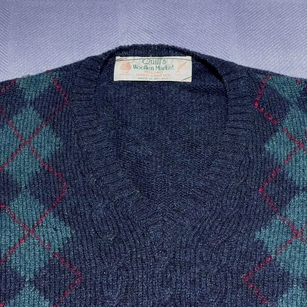 Quill's Woollen Market Wool Ireland Hand‎ Crafted Argyle Marled Sweater Size XL